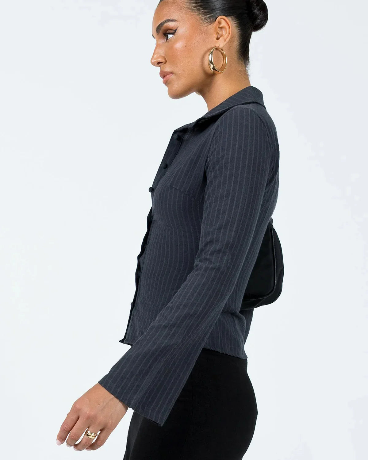 Pinstripes Flared Sleeves Shirt in Black