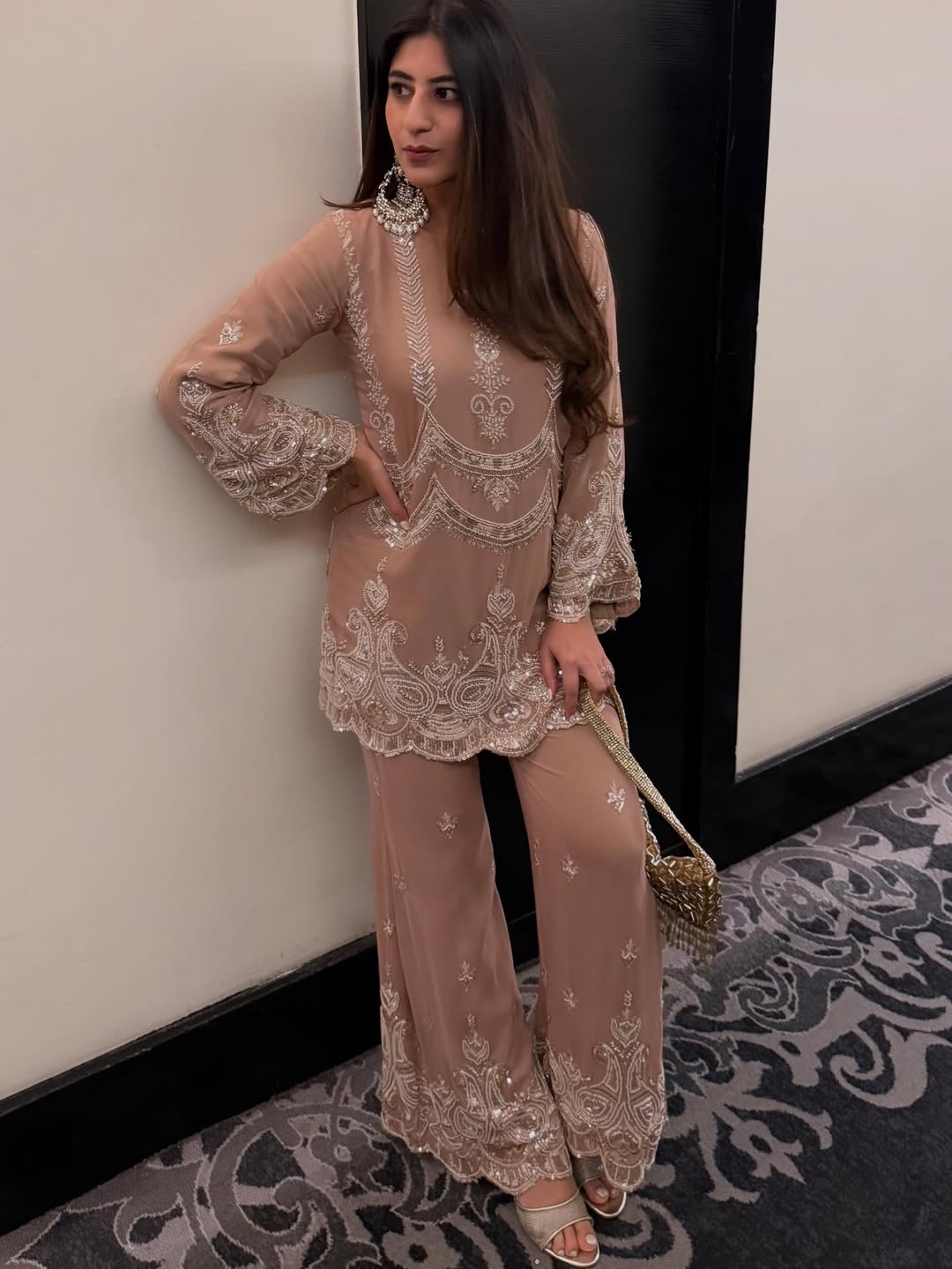 BROWN EMBELLISHED PARTY COORD SET