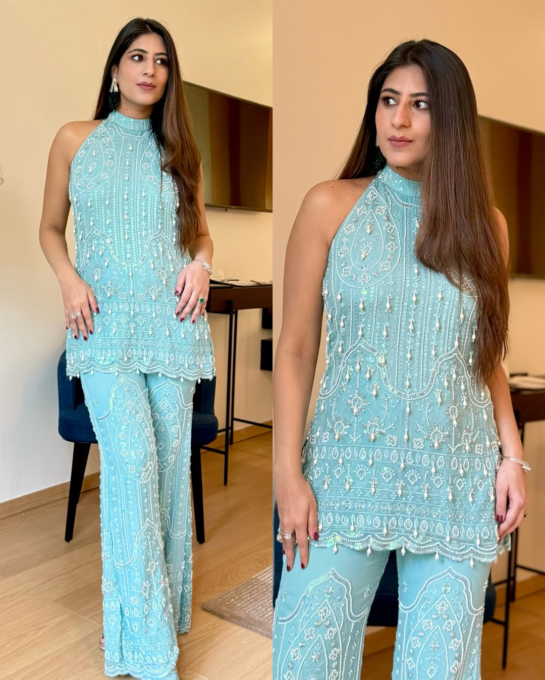 SKY BLUE EMBLISHED PLAZO AND KURTA SET