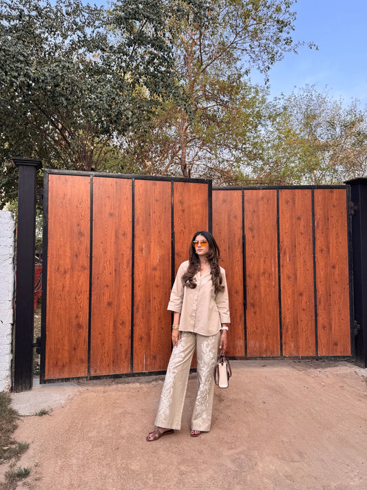 BEIGE LINEN FLORAL EMBROIDERED SET