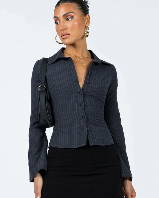 Pinstripes Flared Sleeves Shirt in Black