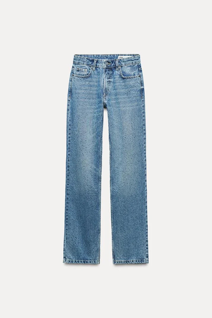 001 ZR rhinestone studded straight fit Jeans