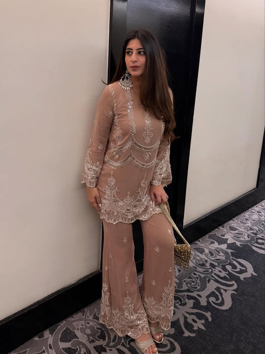 BROWN EMBELLISHED PARTY COORD SET