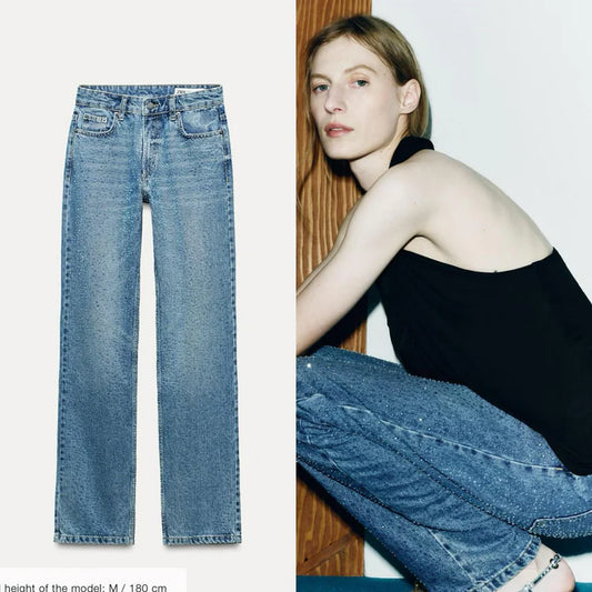 001 ZR rhinestone studded straight fit Jeans
