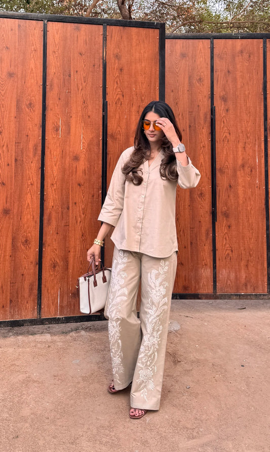 BEIGE LINEN FLORAL EMBROIDERED SET