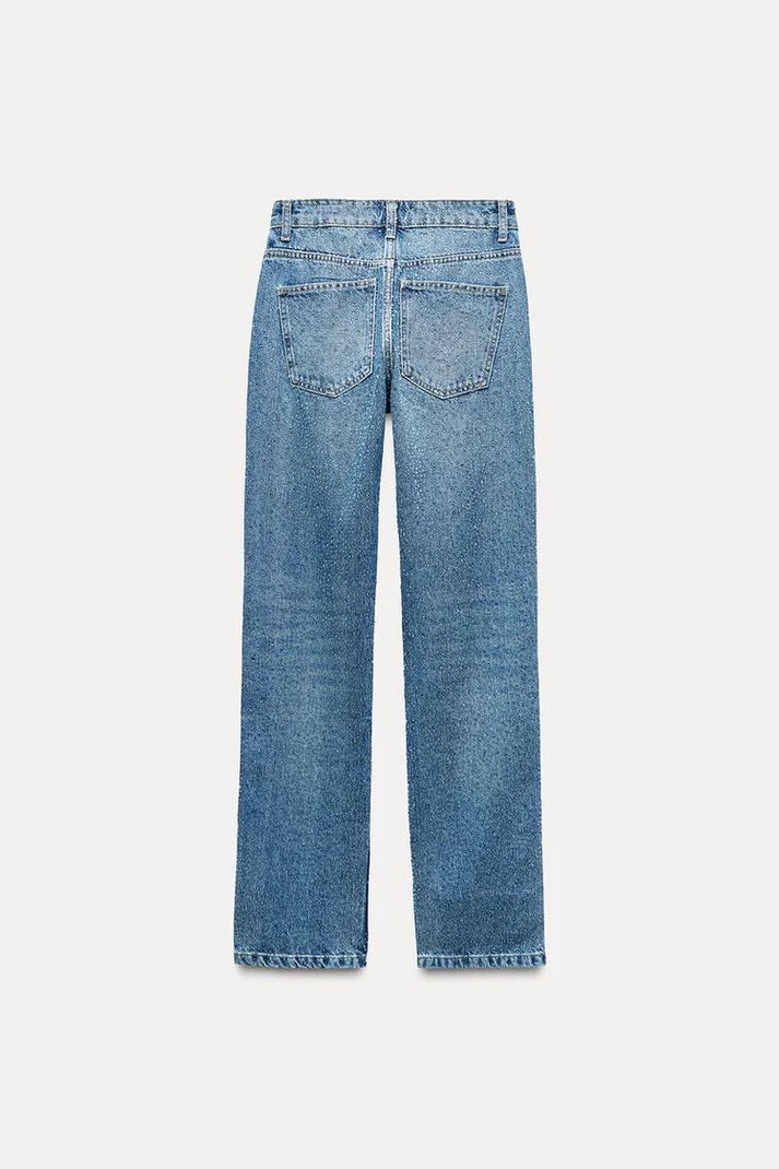 001 ZR rhinestone studded straight fit Jeans