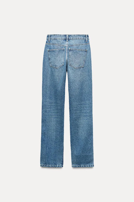 001 ZR rhinestone studded straight fit Jeans