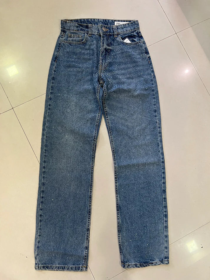 001 ZR rhinestone studded straight fit Jeans